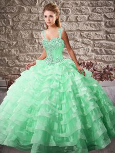 Exceptional Apple Green Sleeveless Organza Court Train Lace Up Vestidos de Quinceanera for Sweet 16 and Quinceanera