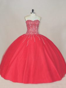 Sweetheart Sleeveless Lace Up Quinceanera Dress Coral Red Tulle