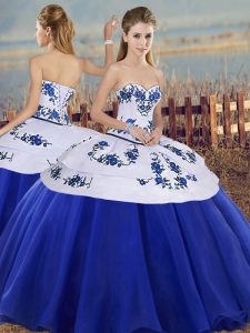 Inexpensive Sleeveless Floor Length Embroidery Lace Up Sweet 16 Quinceanera Dress with Royal Blue