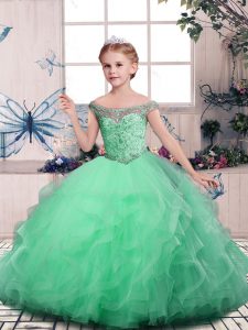 Apple Green Sleeveless Floor Length Beading and Ruffles Lace Up Little Girl Pageant Dress