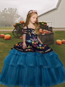 Perfect Tulle Straps Sleeveless Lace Up Embroidery and Ruffled Layers Little Girls Pageant Gowns in Teal