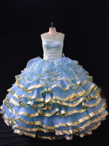 Classical Ruffled Layers Quinceanera Dresses Blue Lace Up Sleeveless Floor Length