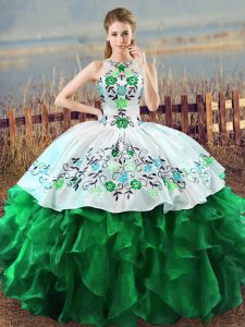 Glamorous Green Ball Gowns Halter Top Sleeveless Organza Floor Length Lace Up Embroidery and Ruffles Quinceanera Gown