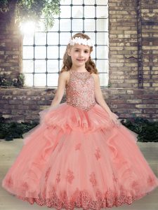 Nice Watermelon Red Sleeveless Beading and Appliques Floor Length Kids Pageant Dress