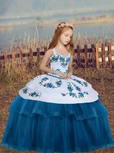 Latest Embroidery Kids Formal Wear Blue Lace Up Sleeveless Floor Length