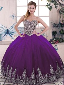 Flirting Purple Tulle Lace Up Quinceanera Gowns Sleeveless Floor Length Beading and Embroidery