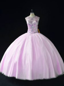 Lilac Sleeveless Floor Length Beading Lace Up Quince Ball Gowns