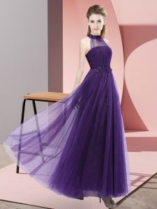 New Arrival Sleeveless Floor Length Beading and Appliques Lace Up Damas Dress with Purple