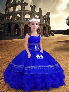 Best Royal Blue Straps Neckline Embroidery and Ruffled Layers Girls Pageant Dresses Sleeveless Zipper