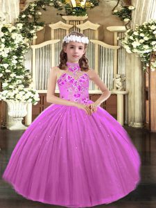 Lilac Tulle Lace Up Little Girls Pageant Dress Wholesale Sleeveless Floor Length Appliques