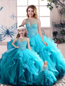 Floor Length Aqua Blue Sweet 16 Dress Tulle Sleeveless Beading and Ruffles