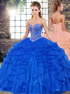 Tulle Sleeveless Floor Length Sweet 16 Dress and Beading and Ruffles