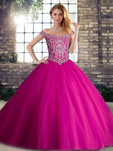 Fashion Off The Shoulder Sleeveless Vestidos de Quinceanera Brush Train Beading Fuchsia Tulle