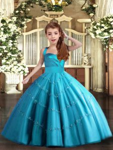 Baby Blue Sleeveless Floor Length Beading Lace Up Child Pageant Dress