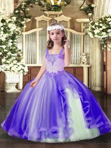 Floor Length Lace Up Kids Pageant Dress Lavender for Party and Wedding Party with Beading