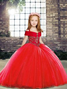 Superior Straps Sleeveless Pageant Gowns For Girls Brush Train Beading Red Tulle