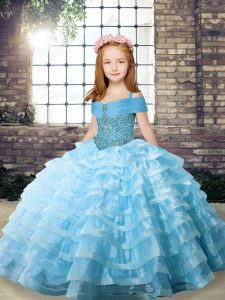 Brush Train Ball Gowns Little Girl Pageant Dress Aqua Blue Straps Organza Sleeveless Lace Up