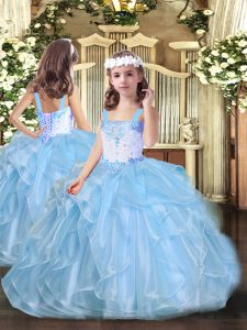 Eye-catching Organza Straps Sleeveless Lace Up Beading and Ruffles Little Girl Pageant Gowns in Baby Blue