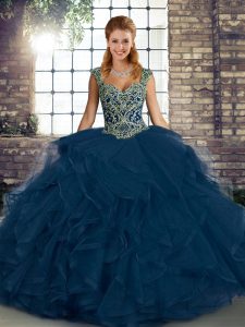 Ball Gowns Ball Gown Prom Dress Blue Straps Tulle Sleeveless Floor Length Lace Up