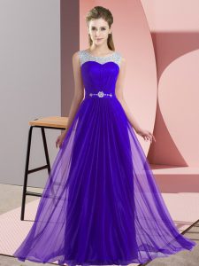 Floor Length Lace Up Quinceanera Dama Dress Purple for Wedding Party with Beading