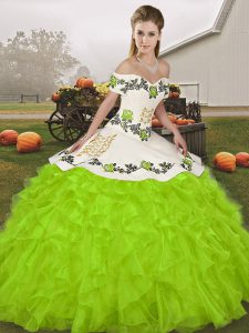 Yellow Green Sleeveless Organza Lace Up Quince Ball Gowns for Military Ball and Sweet 16 and Quinceanera