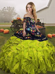 Admirable Olive Green Quince Ball Gowns Military Ball and Sweet 16 and Quinceanera with Embroidery and Ruffles Off The Shoulder Sleeveless Lace Up