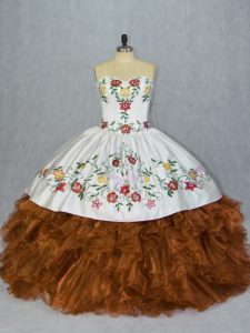 Exquisite Brown Lace Up Sweet 16 Quinceanera Dress Embroidery and Ruffles Sleeveless Floor Length