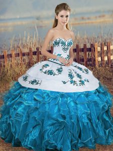 Amazing Sweetheart Sleeveless Lace Up 15th Birthday Dress Blue And White Organza