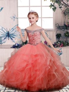 Sleeveless Tulle Floor Length Lace Up Little Girls Pageant Dress in Peach with Beading and Ruffles