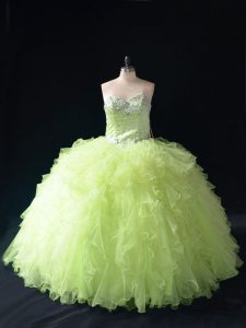 Inexpensive Yellow Green Lace Up Sweetheart Beading and Ruffles Quinceanera Dresses Tulle Sleeveless