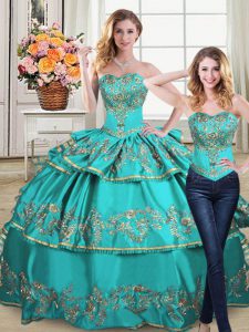 Organza Sweetheart Sleeveless Lace Up Embroidery and Ruffled Layers Ball Gown Prom Dress in Aqua Blue