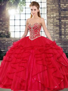 Fine Beading and Ruffles Quinceanera Gowns Red Lace Up Sleeveless Floor Length