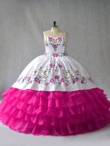 Floor Length Lace Up 15 Quinceanera Dress Fuchsia for Sweet 16 and Quinceanera with Embroidery and Ruffled Layers