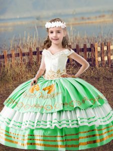 Green Lace Up Off The Shoulder Embroidery Child Pageant Dress Satin Sleeveless