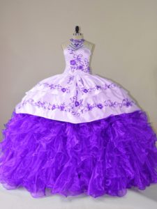 Noble Embroidery and Ruffles Vestidos de Quinceanera Purple Lace Up Sleeveless Court Train