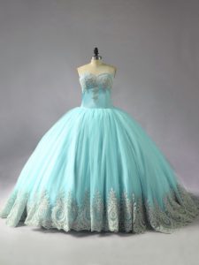 Stylish Blue Tulle Lace Up Sweetheart Sleeveless Quinceanera Gown Court Train Appliques