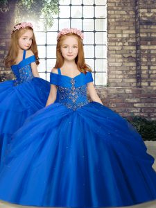 Inexpensive Beading Pageant Gowns For Girls Royal Blue Lace Up Sleeveless Floor Length