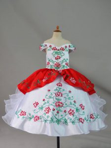 Gorgeous Off The Shoulder Sleeveless Satin and Organza Child Pageant Dress Embroidery and Ruffles Lace Up