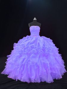 Cheap Purple Ball Gowns Organza Strapless Sleeveless Beading and Ruffles Floor Length Lace Up 15 Quinceanera Dress