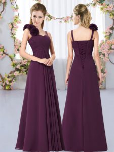 Modest Dark Purple Dama Dress Wedding Party with Hand Made Flower Straps Sleeveless Lace Up