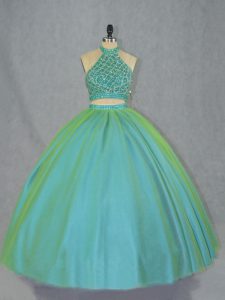 Discount Two Pieces Quinceanera Gown Green Halter Top Tulle Sleeveless Lace Up