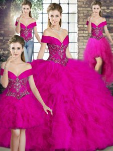 Colorful Ball Gowns Quinceanera Gowns Fuchsia Off The Shoulder Tulle Sleeveless Floor Length Lace Up