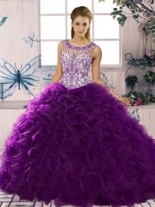 Ball Gowns 15th Birthday Dress Purple Scoop Organza Sleeveless Floor Length Lace Up