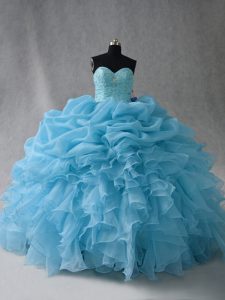 Graceful Sleeveless Organza Floor Length Lace Up Vestidos de Quinceanera in Baby Blue with Beading and Ruffles and Pick Ups