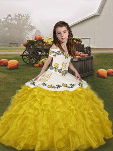 Gold Sleeveless Organza Lace Up Little Girl Pageant Dress for Party and Military Ball and Wedding Party