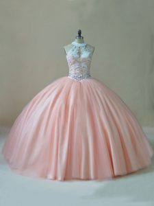 Eye-catching Sleeveless Tulle Floor Length Lace Up Ball Gown Prom Dress in Peach with Beading and Lace