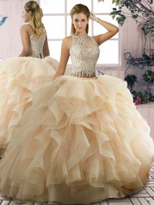 Champagne Scoop Lace Up Ruffles 15 Quinceanera Dress Sleeveless