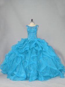 Pretty Sleeveless Beading and Ruffles Lace Up Quinceanera Dresses with Aqua Blue Brush Train