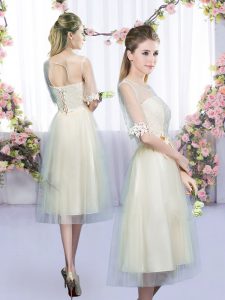 Dramatic Champagne Empire Scoop Half Sleeves Tulle Tea Length Lace Up Lace and Bowknot Dama Dress for Quinceanera