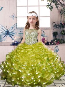 Olive Green Scoop Neckline Beading and Ruffles Pageant Dress for Teens Sleeveless Lace Up